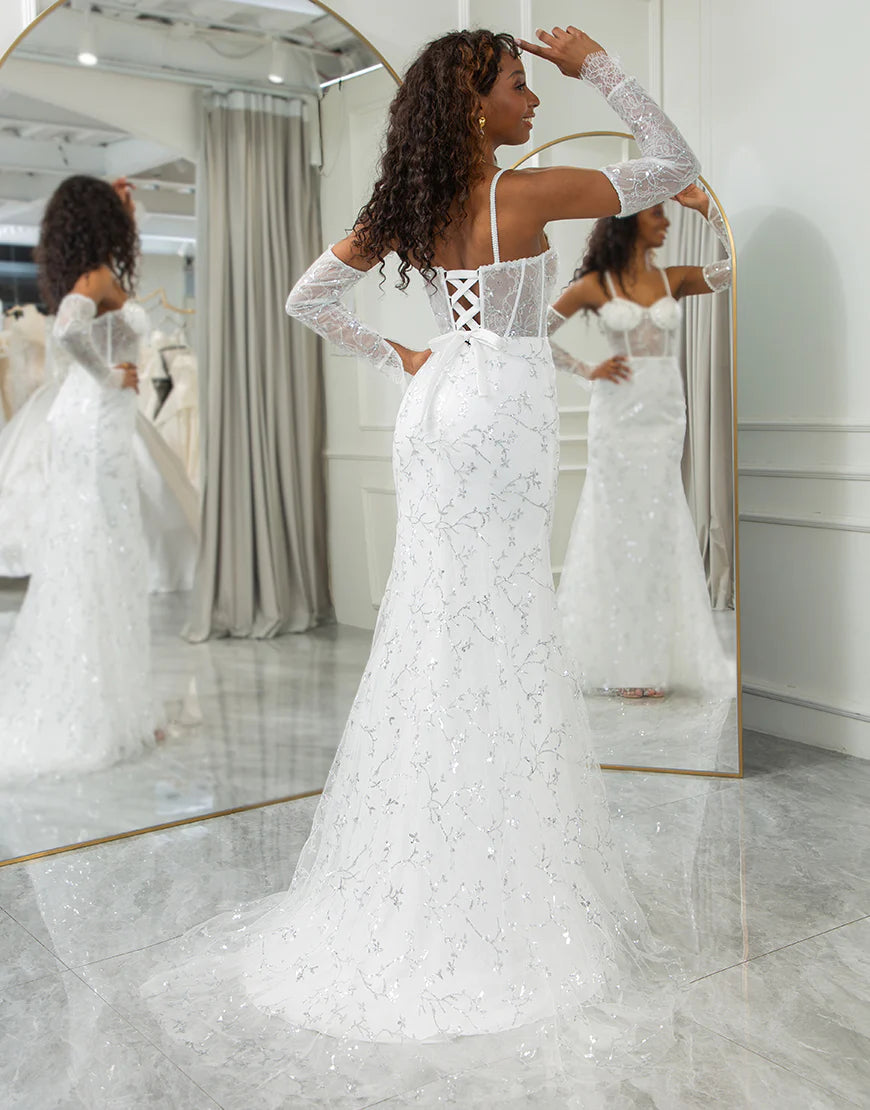 Mermaid Spaghetti Straps Lace Chapel Train Sparkly Bridal Dresses With Slit