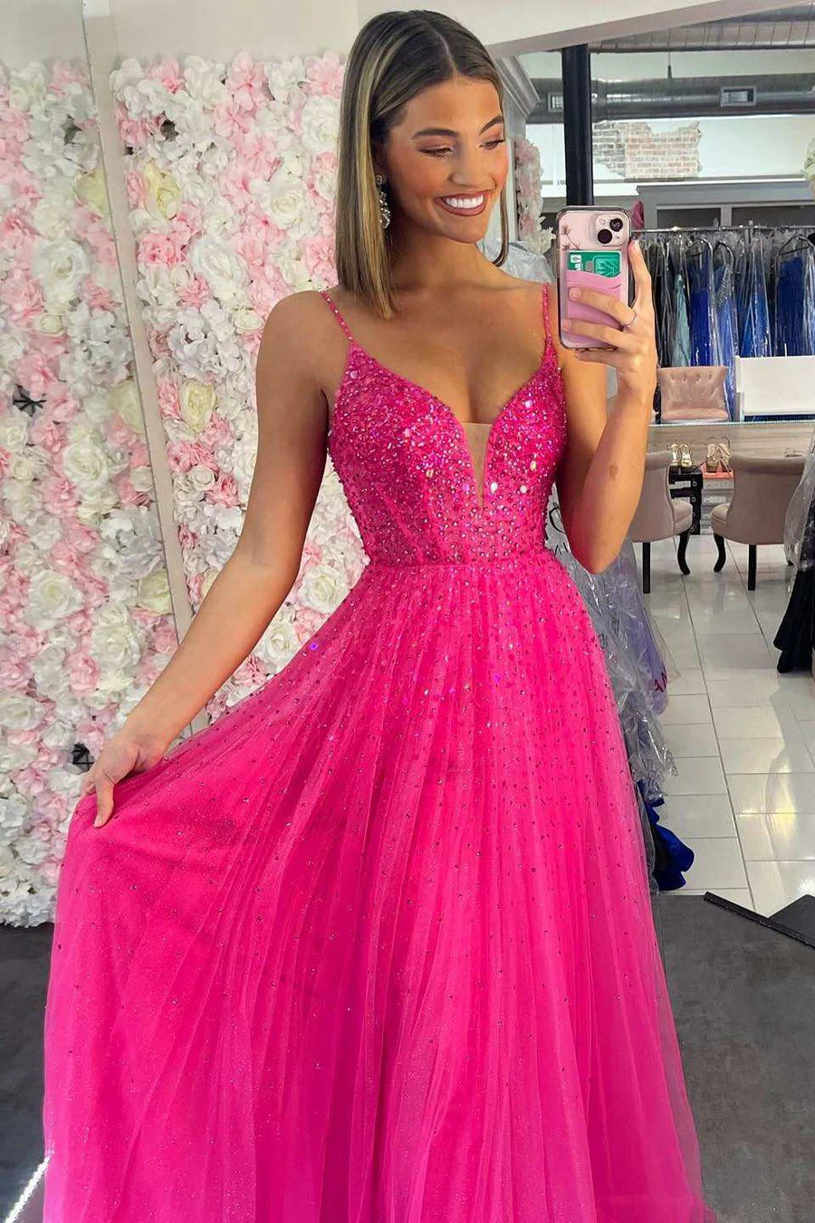 Tulle Beaded V-Neck A-Line Prom Dress