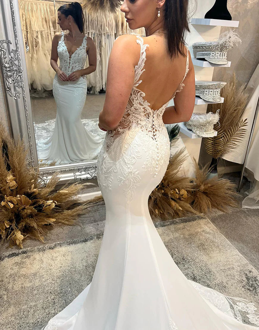 Mermaid V-Neck 3D Flower Lace Applique Wedding Dress