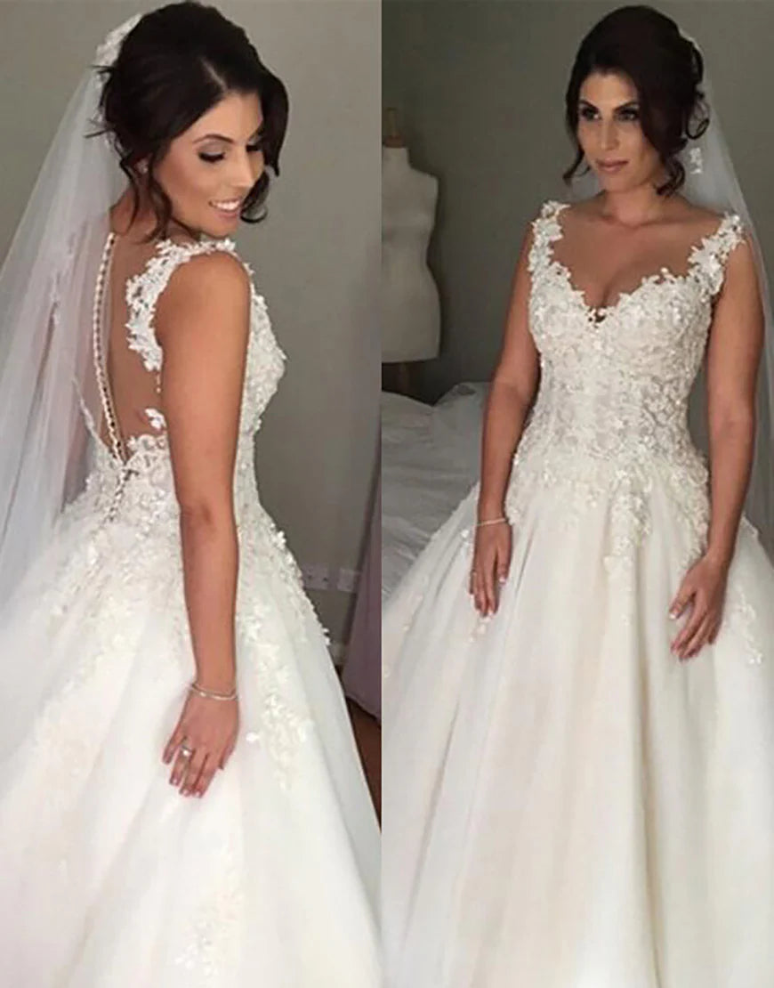 V Neck A Line Long Bridal Dress With Appliques