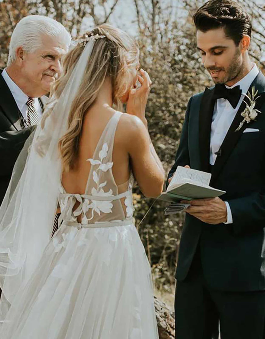 Deep V Neck Open Back A Line Long Bridal Dress