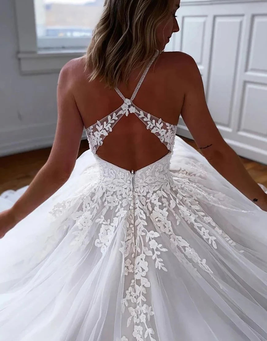 Spaghetti Straps Backless Long Bridal Dress