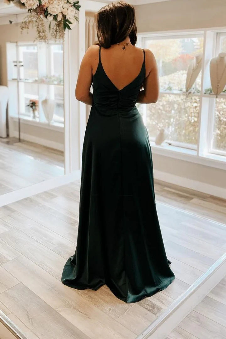 Satin Pleated V-Neck Backless Long PromDress