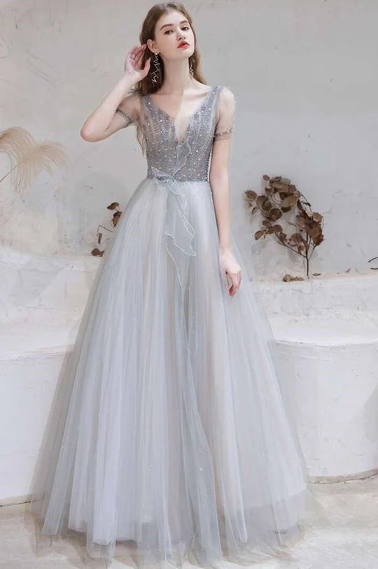 Tulle V-Neckline Long Prom Dress with Lace-Up Back