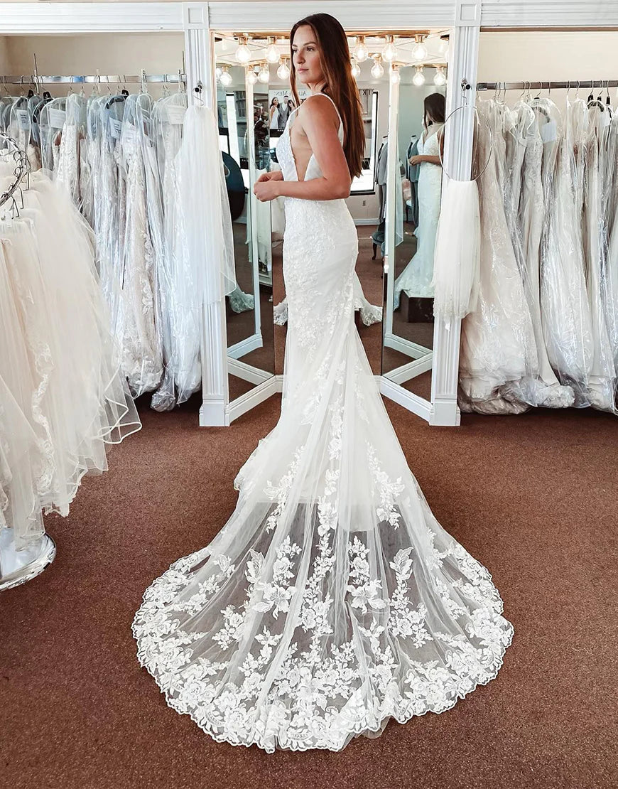Lace Mermaid Backless Long Wedding Dress