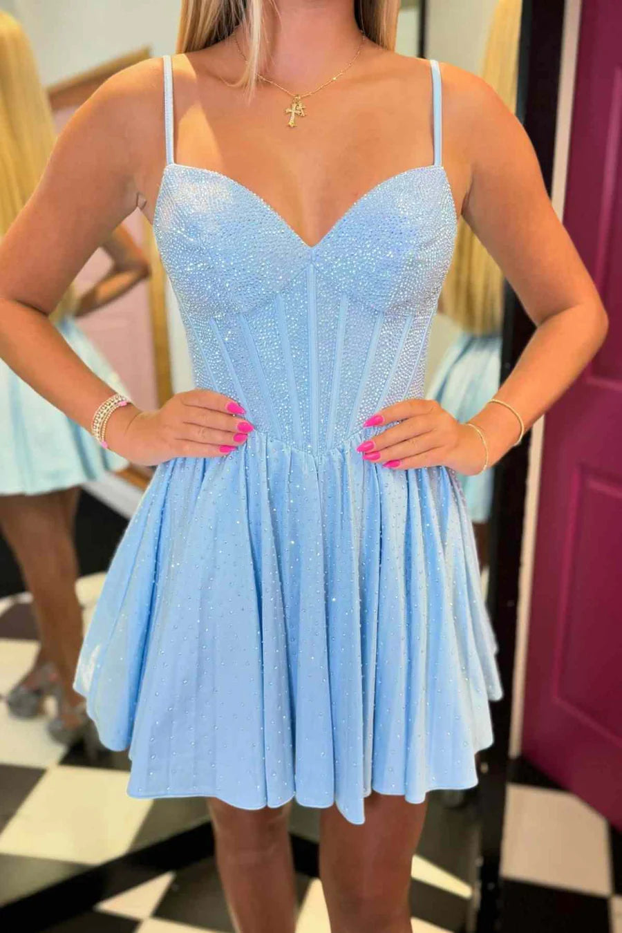 Ligth Blue Simplicity Spaghetti Straps Beaded A-Line Homecoming Dress
