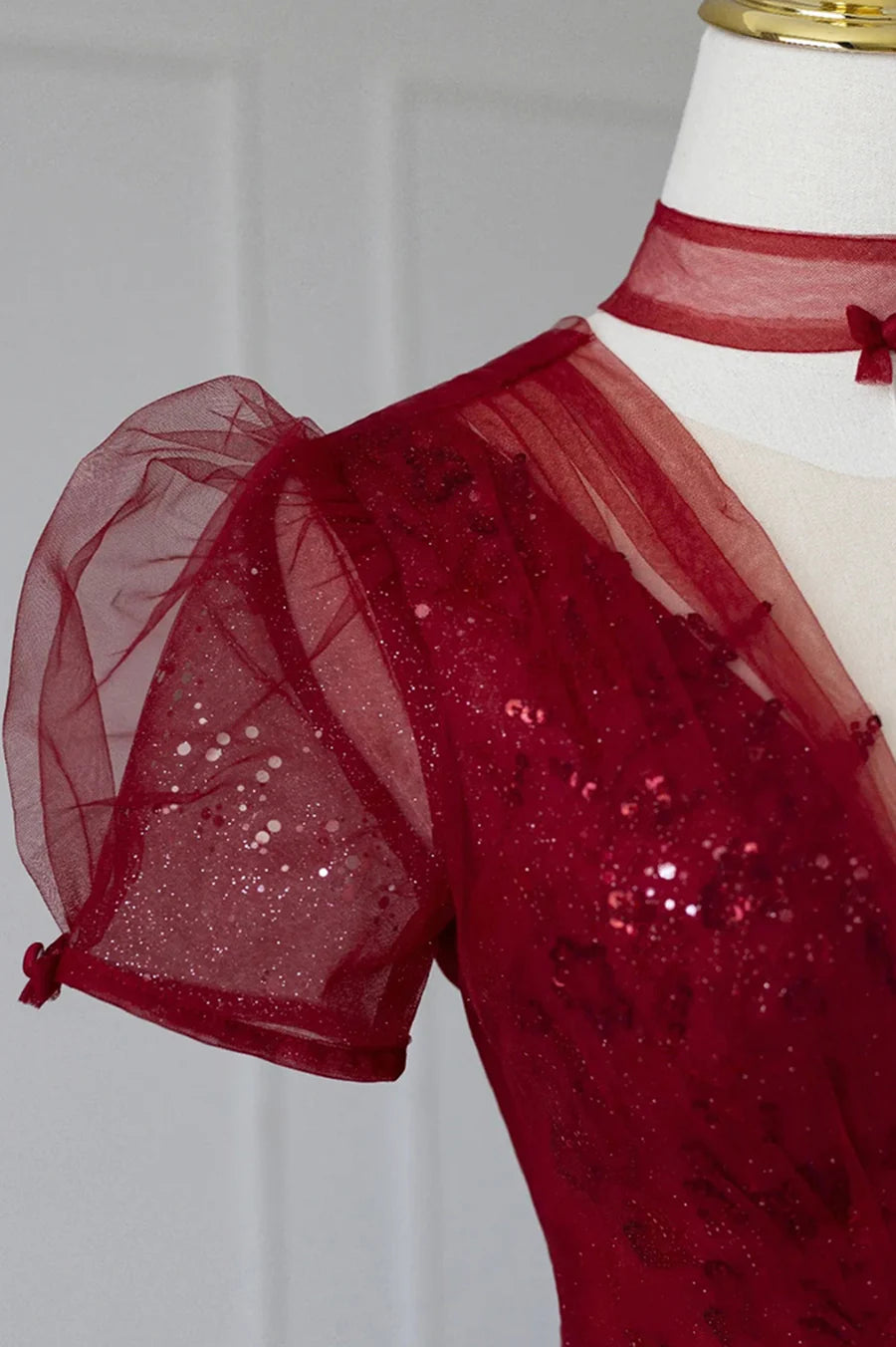 A-Line Burgundy Tulle Sequins Tea Length Evening Dress Prom Dress