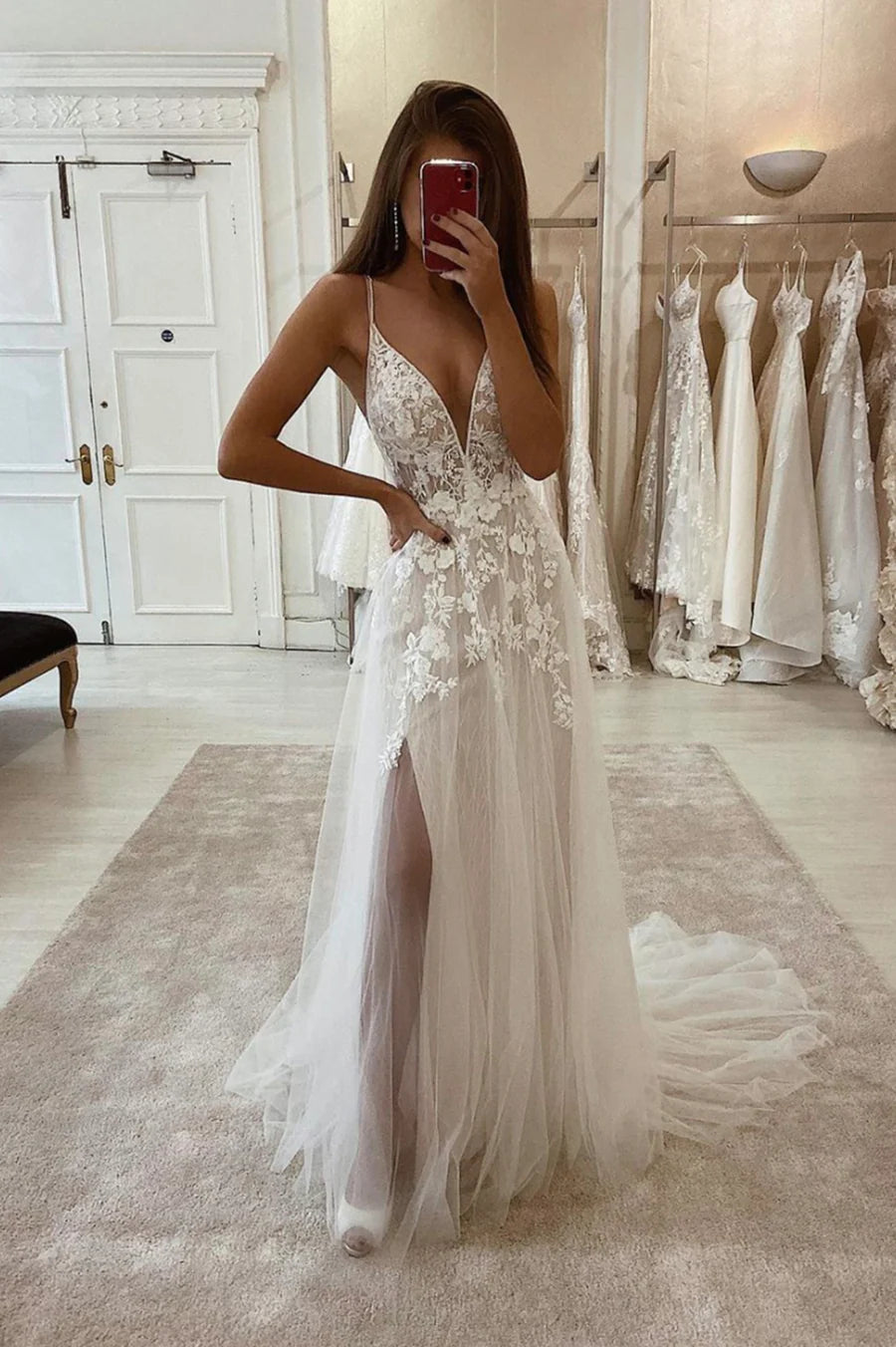 A-Line White V-Neck Spaghetti Strap Glamorous Illusion Detail Evening Dresses Lace Long Prom Dresses