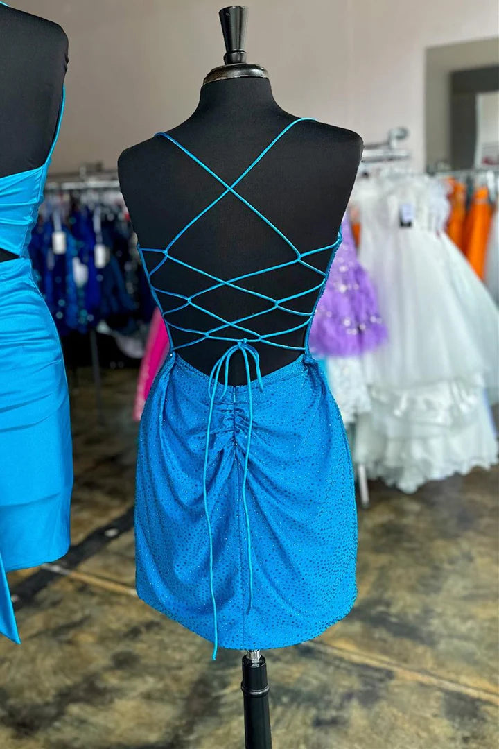 V-Neck Lace-Up Hotfix Dress