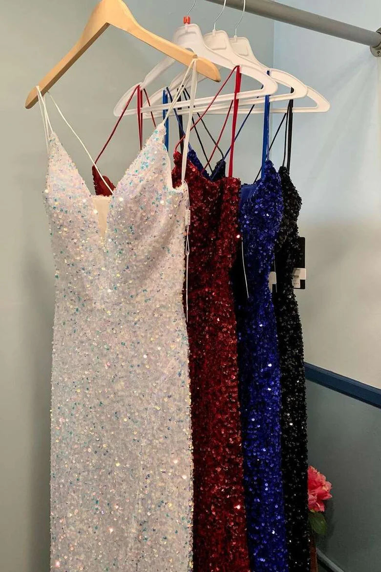 Sequin V-Neck Straps Mermaid Long Prom Dress with Slit