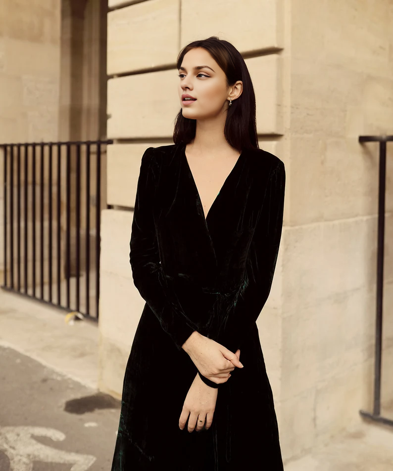 Velvet Dress Deep V Neck Long Sleeves Longuette Formal Wear Dresses Wedding Guest Dress Evening Dress