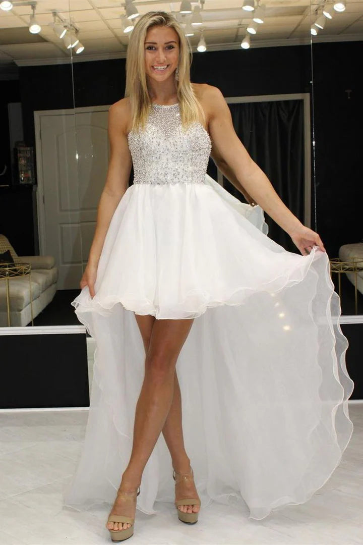 Tulle Beaded Halter High-low Prom Dress