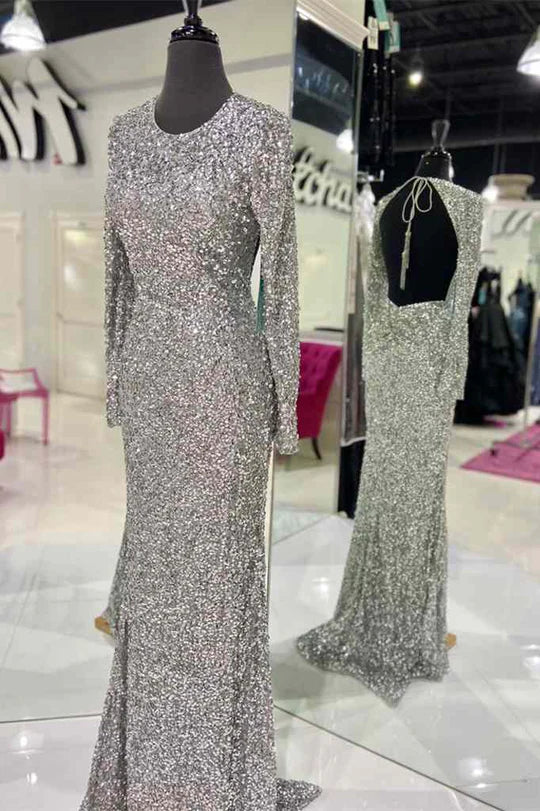 Sequin Backless Long Sleeve Prom Dress
