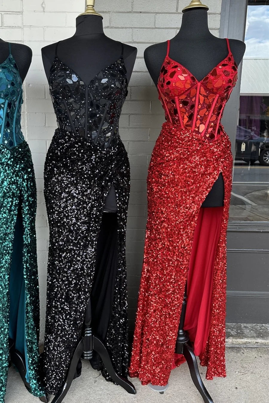 Sequin Cut Glass Mirror Long Prom Dress with Slit