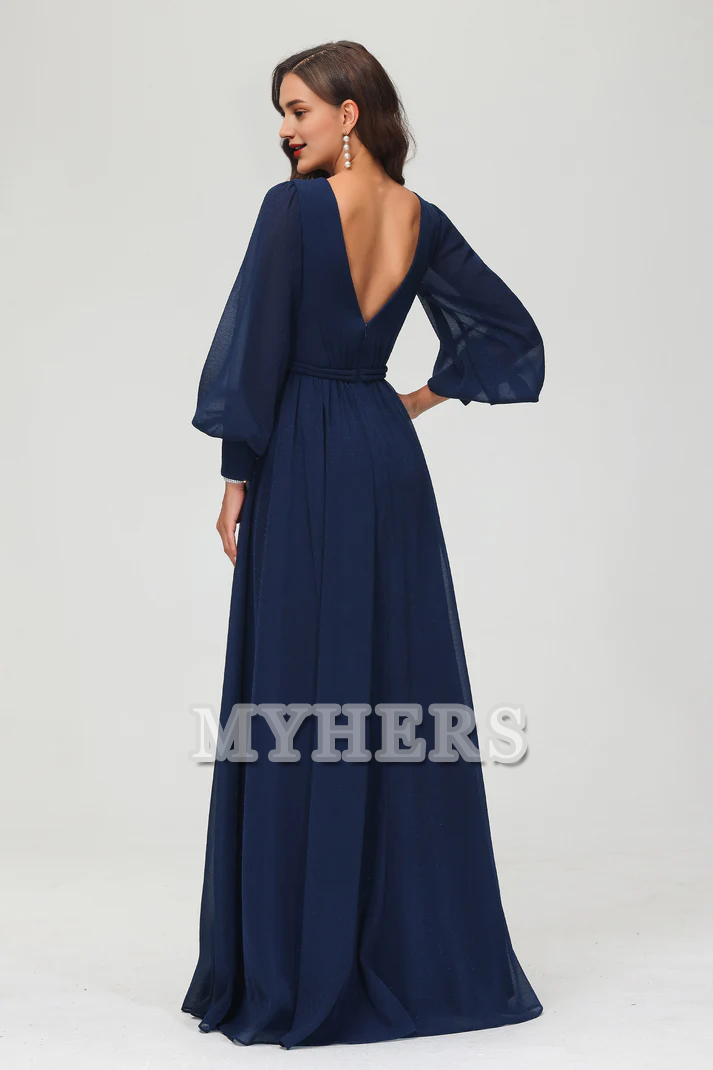 Formal Women's Dresses A-Line V-neck Long Sleeves V Neck Floor Length Dress Side Fork Elegant Exquisite Evening Dress