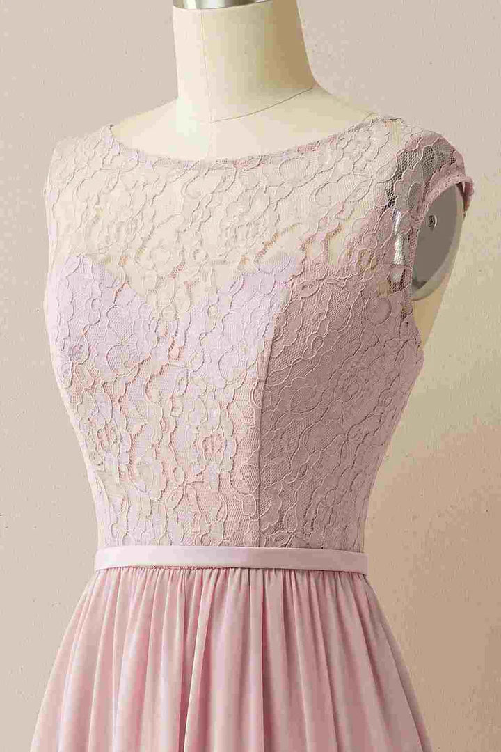 Blush Lace Round neck Sleeveless Backless Pleated Bridesmaid Dress 