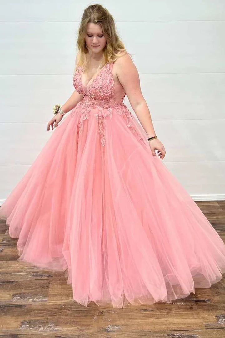 Floral Appliques V-Neck Backless A-Line Prom Gown