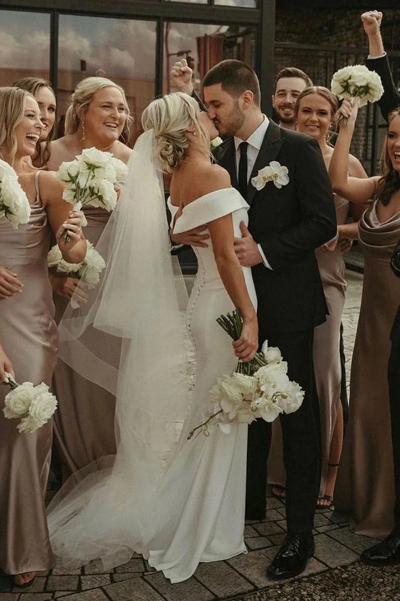 Elegant Mermaid Off the Shoulder V-Neck Satin Back Buckle Wedding Dresses