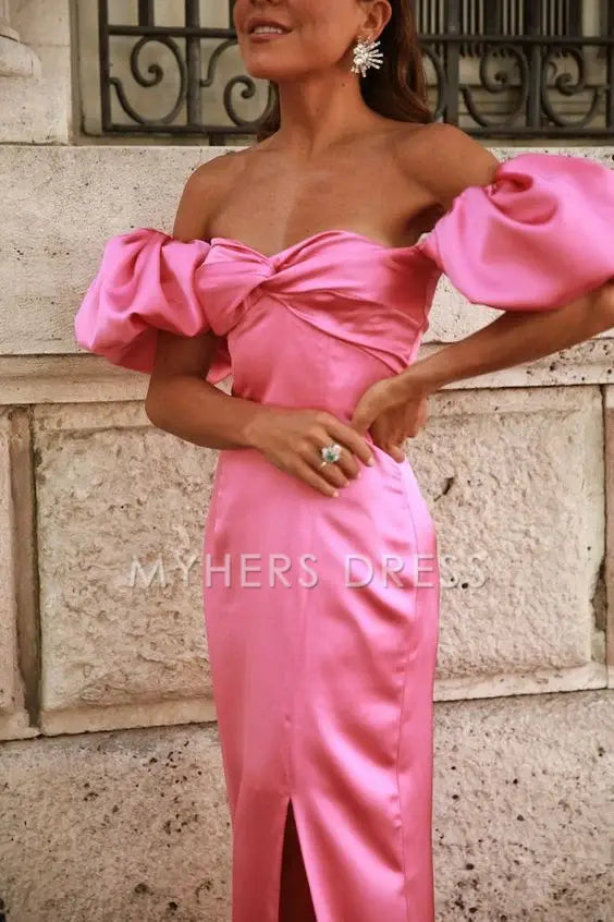 My Hers Prom Dress Off The Shoulder Mermaid Sheath Puff Sleeve Side Fork Long Elegant Ladies Formal Dress