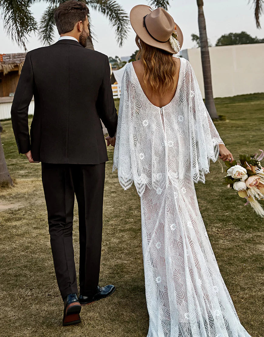 Lace Boho Wedding Dress With Cape