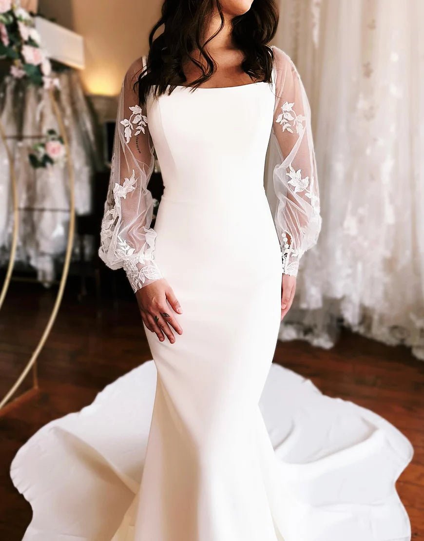 Satin Mermaid Wedding Dress with Detachable Sleeves
