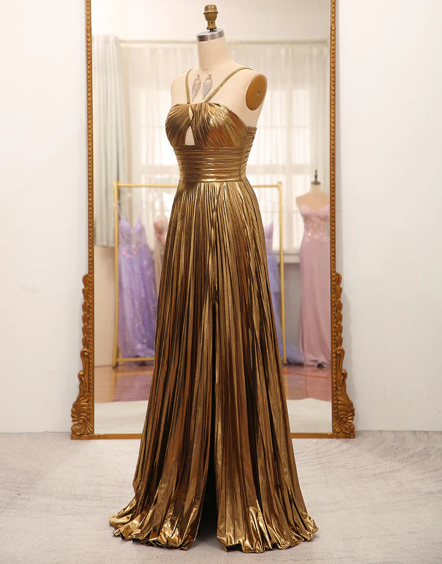 Sparkly Golden A-Line Spaghetti Straps Pleated Prom Dress with Slit