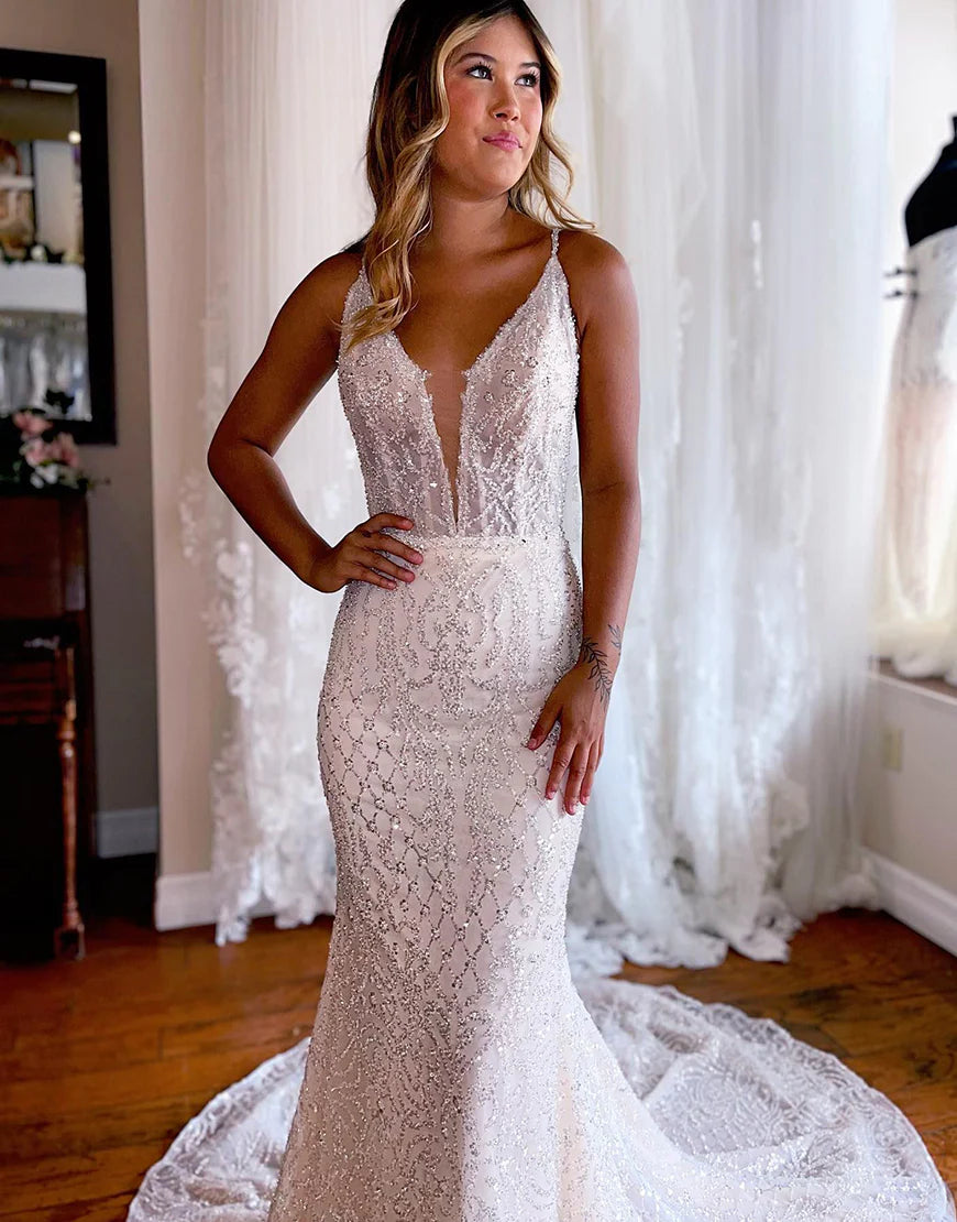 Sparkly Mermaid White Sweep Train Long Wedding Dress