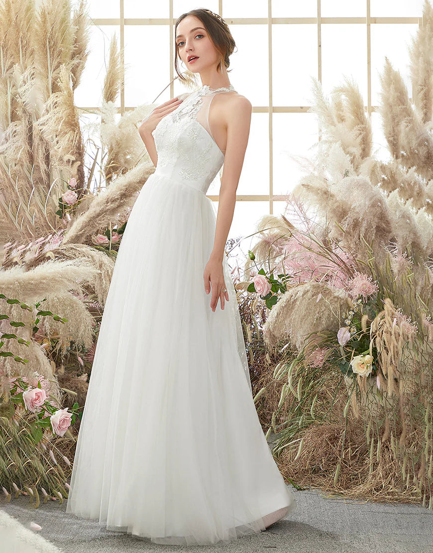 White Halter Neck Wedding Dress
