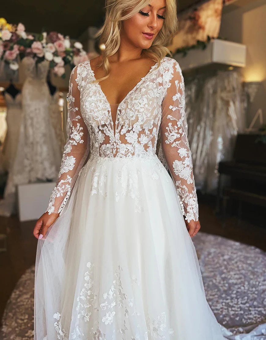 A Line V Neck Long Sleeve Tulle Lace Wedding Dress