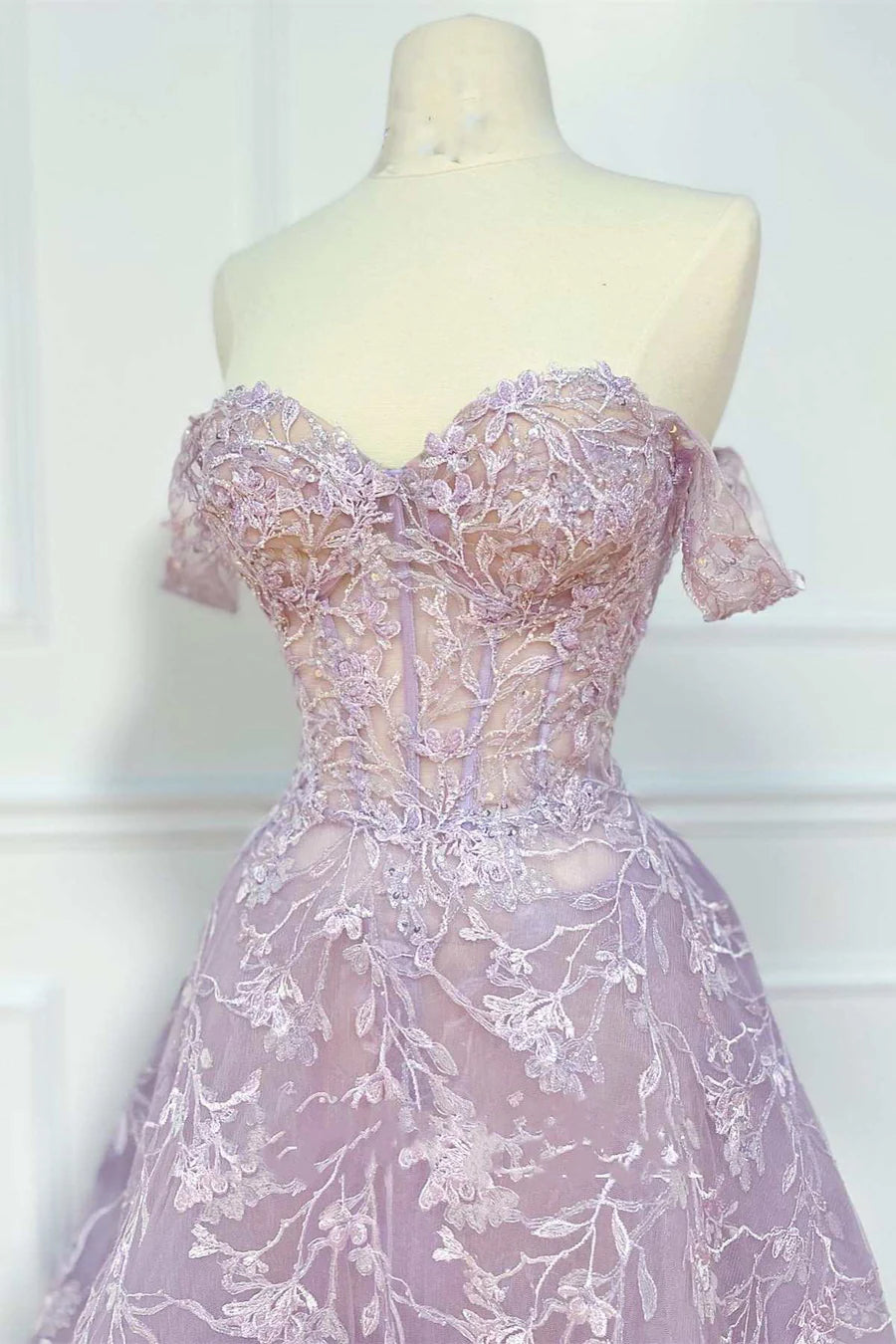 Floral Lace Off-the-Shoulder A-Line Prom Dress