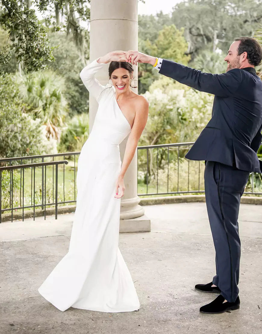 Satin One Shoulder Wedding Dress with Sleeve