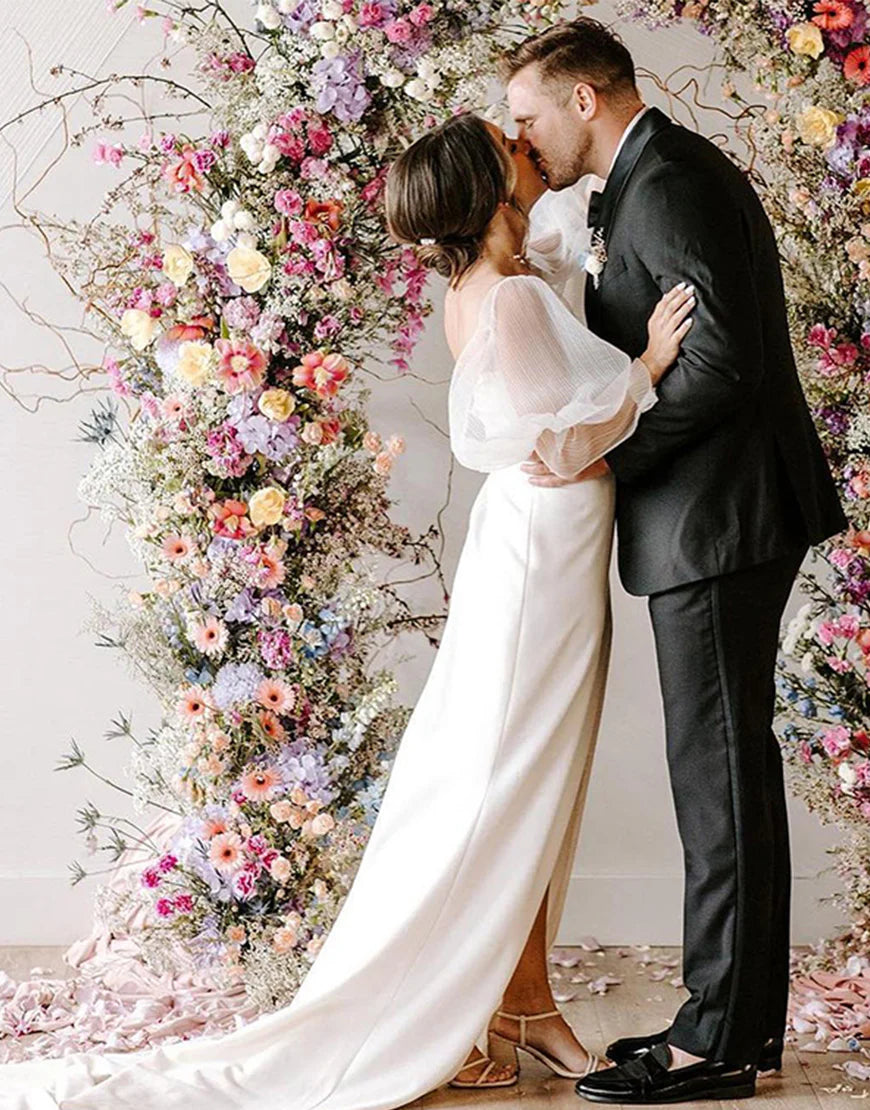 Sheath Wedding Dress with Puff Sleeves