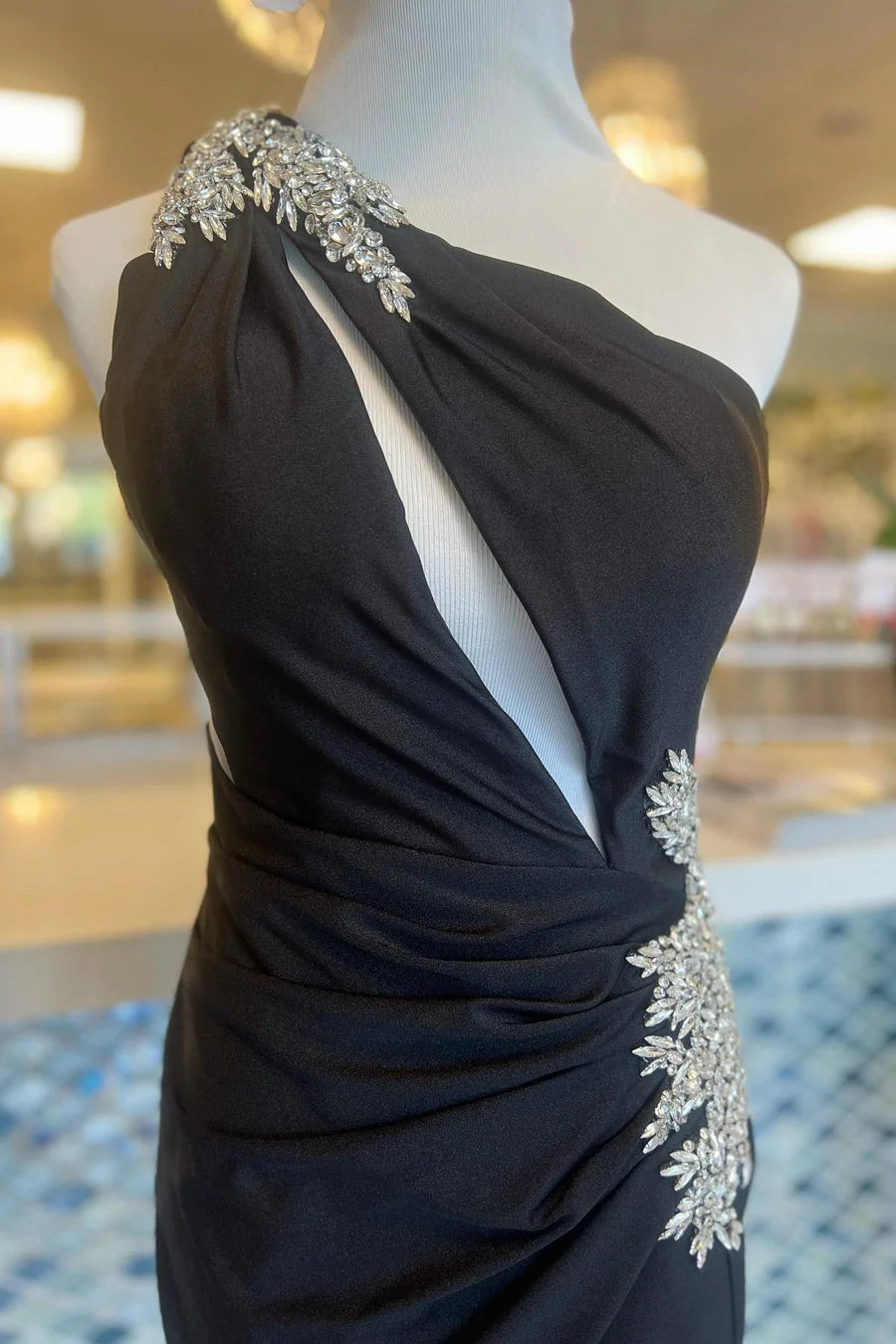 One-Shoulder Keyhole Short Dress with Rhinestones