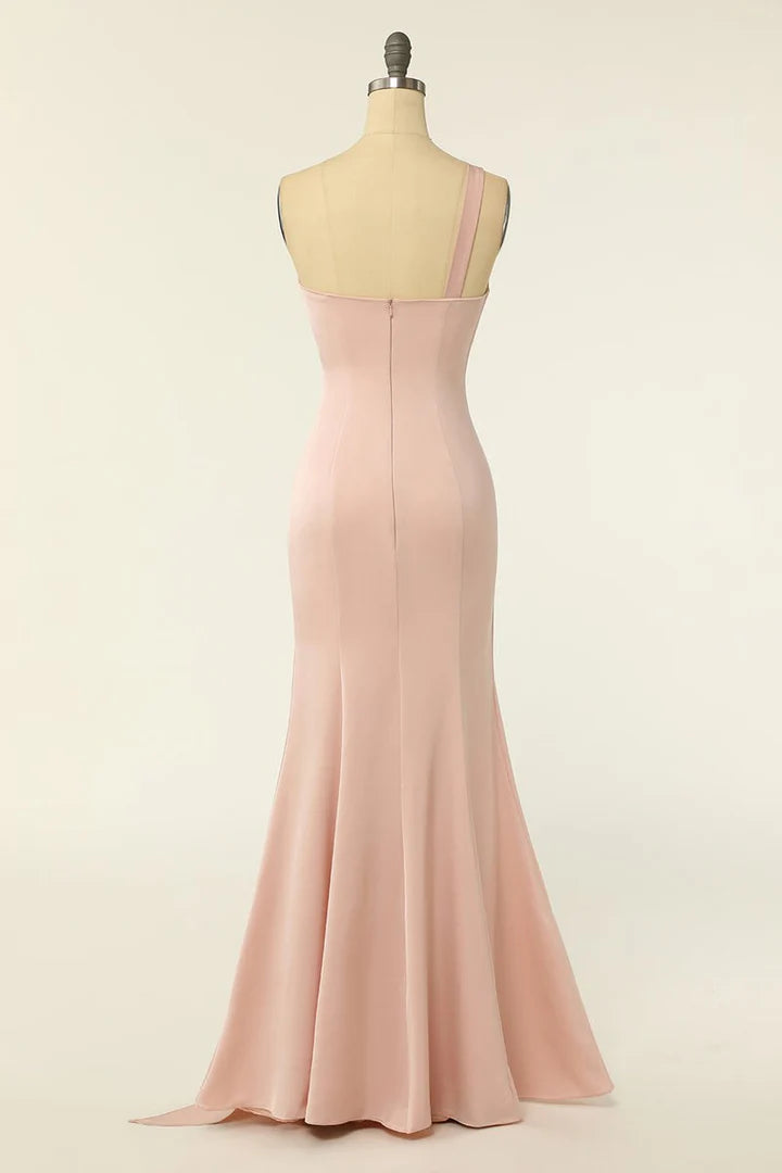 Blush Chiffon One-Shoulder Sheath Backless Long Bridesmaid Dress