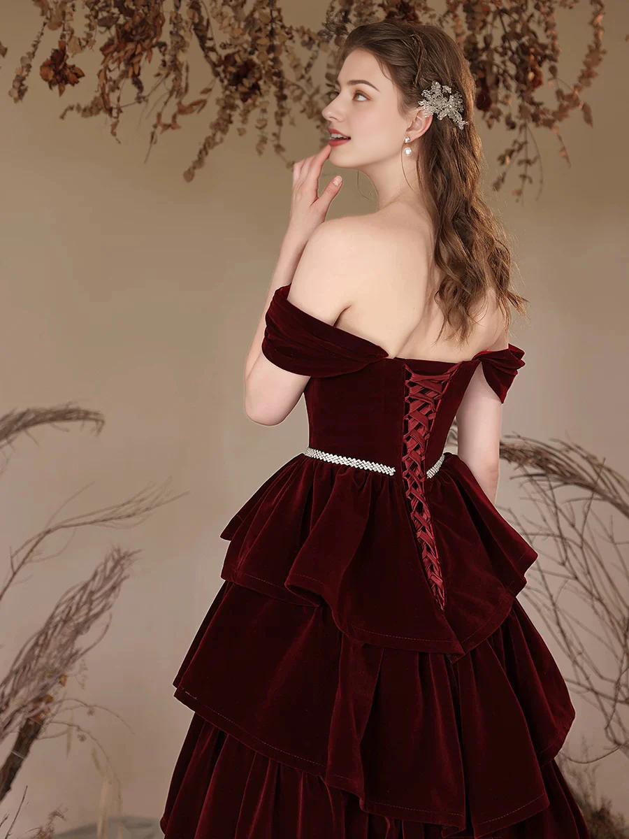 A-Line Off Shoulder Velvet Bead Decoration Elegant Long Atmosphere layered Cake skirt Sweet Prom Dress