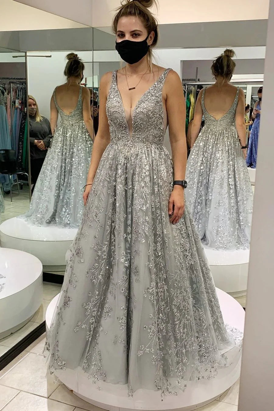 Beaded Plunge V Backless A-Line Prom Gown