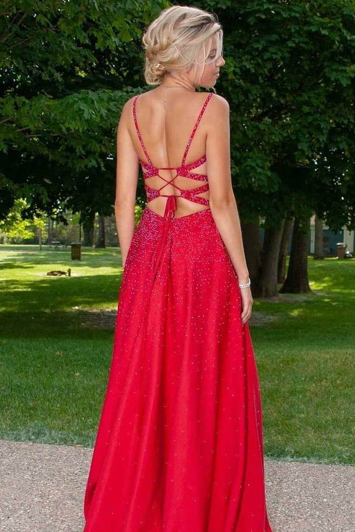 Satin V-Neck Lace-Up Back Prom Dress