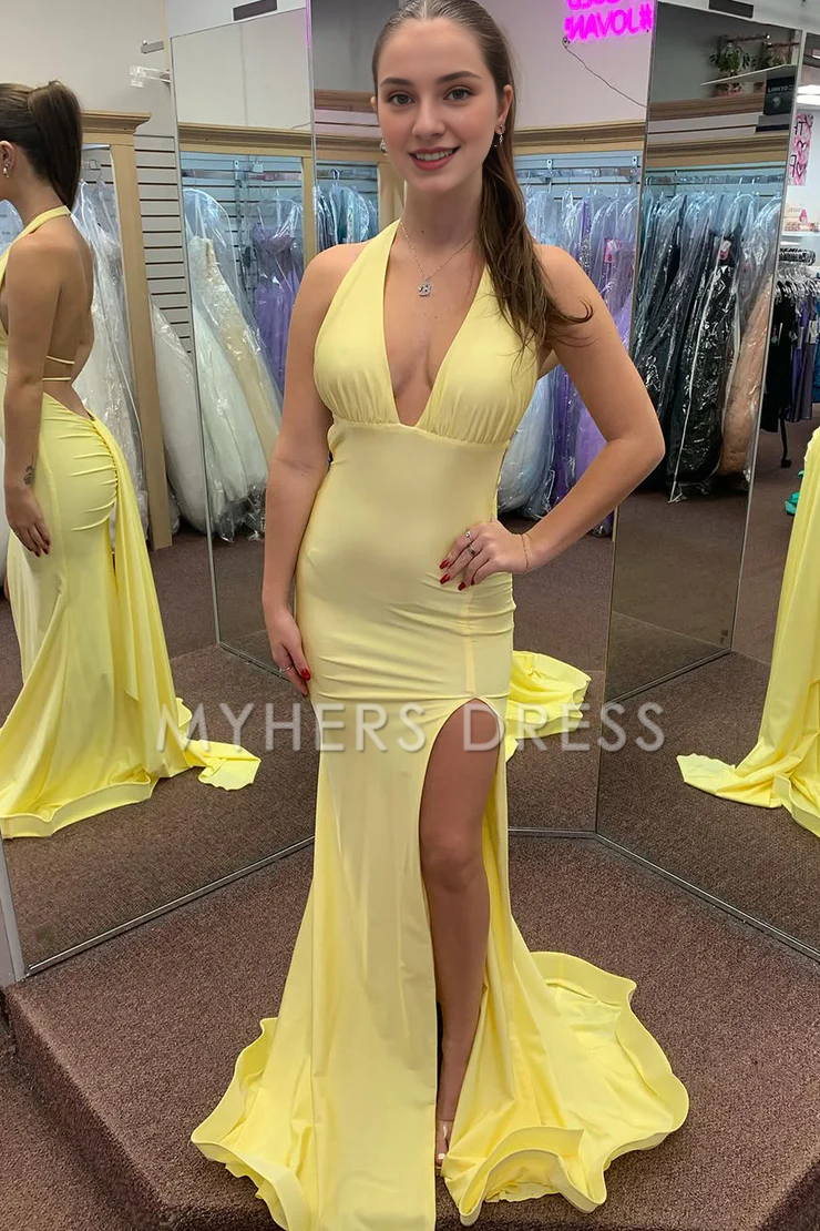 My Hers Ladies Formal Dress Charming Mermaid Halter Kntting Backless Satin Side Fork Long Fashion Prom Dress