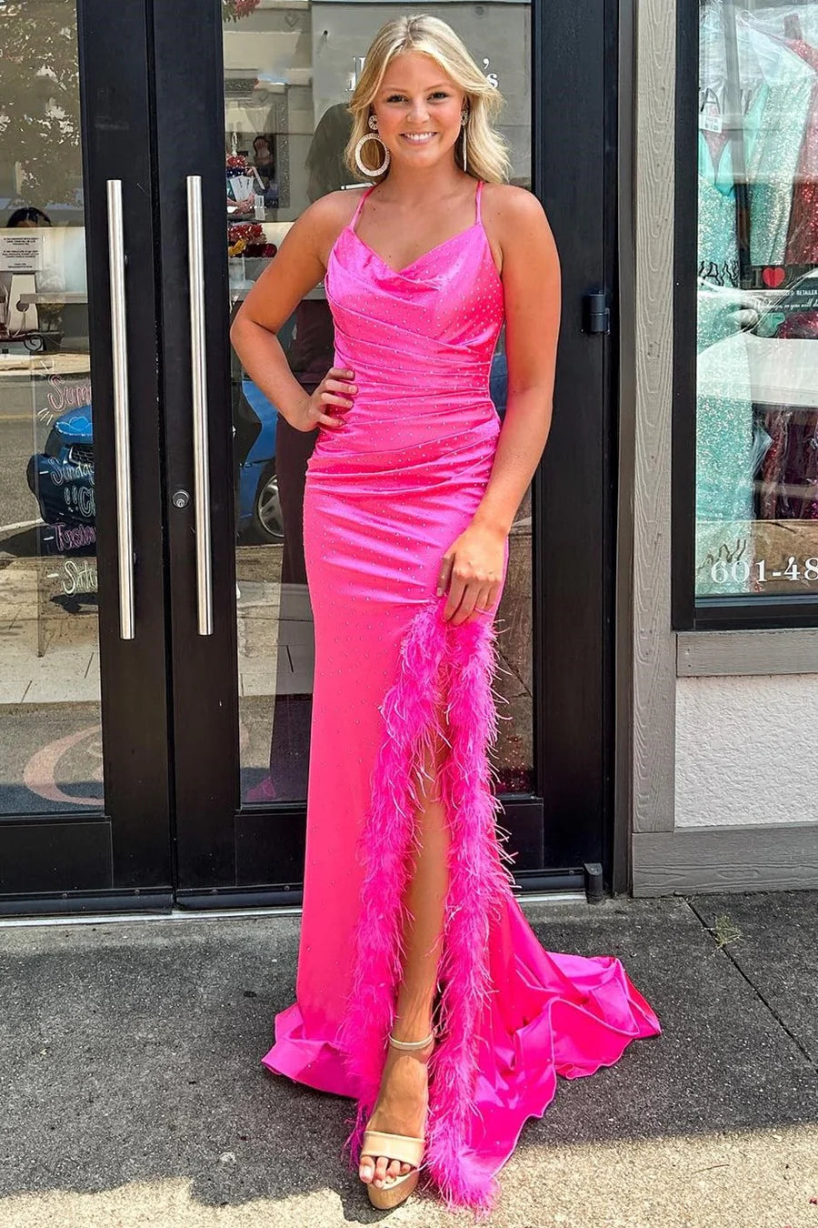 Beaded Lace-Up Back Long Prom Dress with Trim Slit