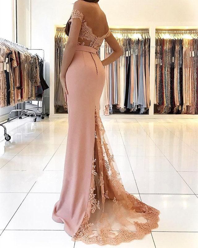 Sheath Mermaid Off The Shoulder Sweep/Brush Train Dresses Open Back Sexy Lace Evening Prom Dress