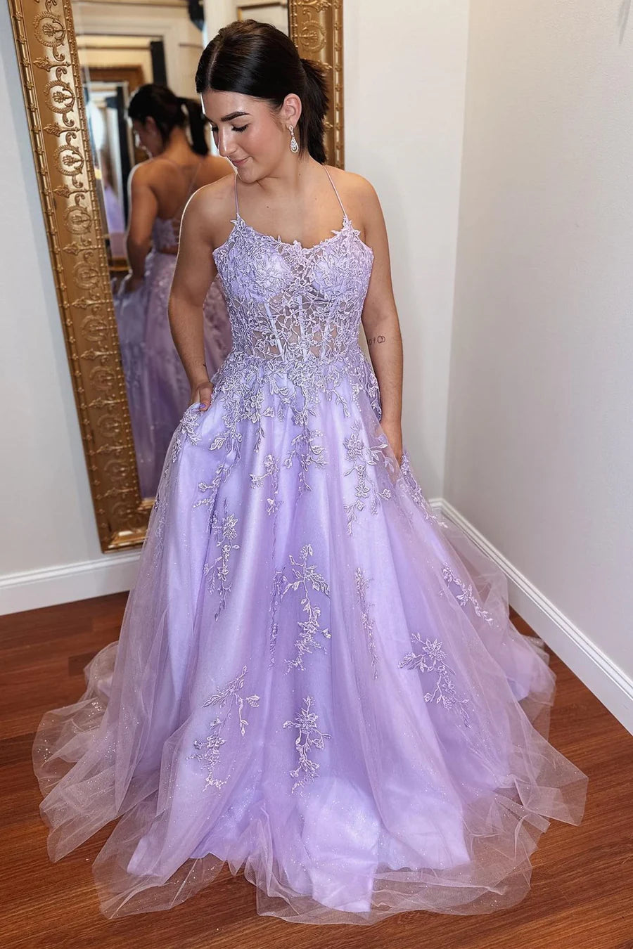 Tulle Applique Lace-Up Back A-Line Prom Dress