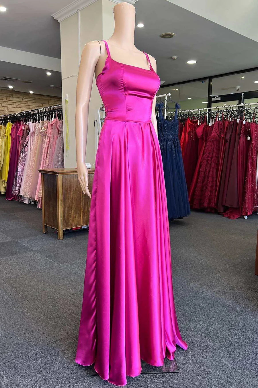Simple Fuchsia Straps A-Line Long Prom Dress