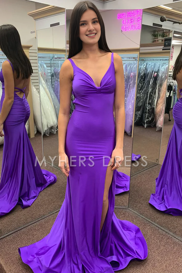My Hers Ladies Formal Dress Charming Mermaid V Neck Satin Backless Long With Slit Prom Dress