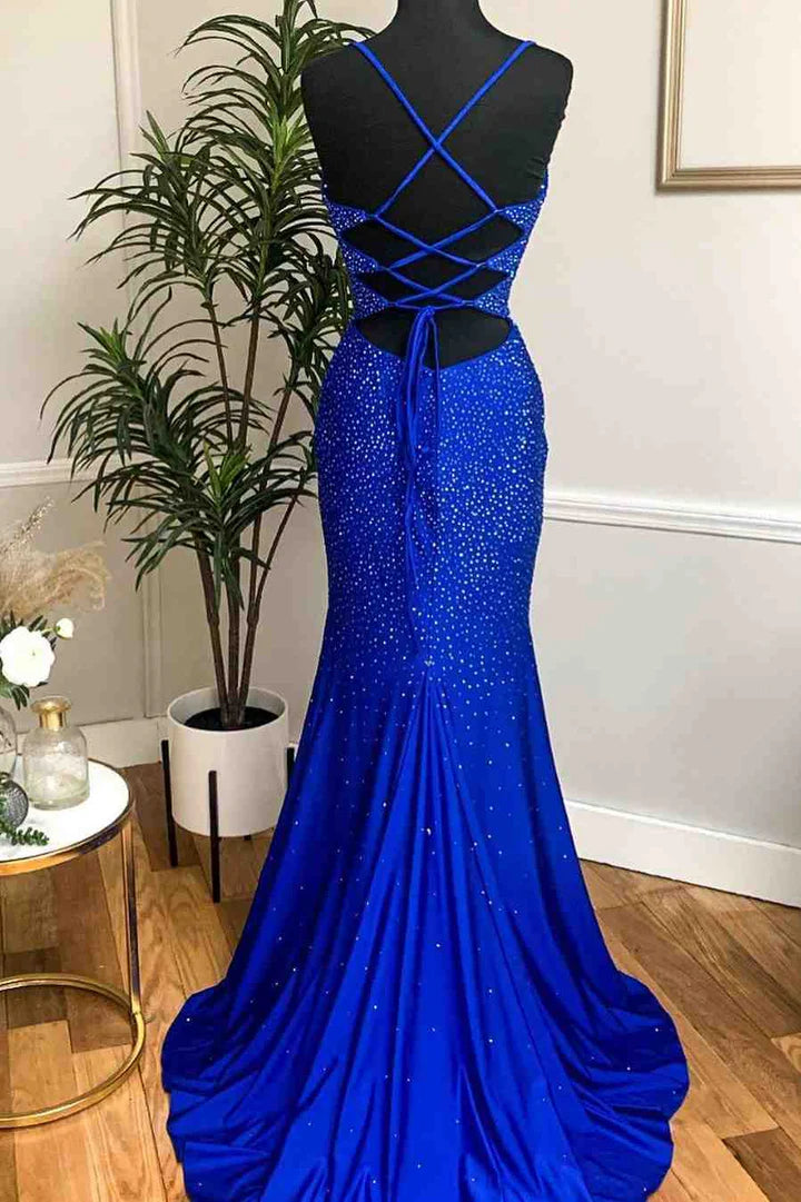 Beaded Cowl Neck Mermaid Long Prom Dress
