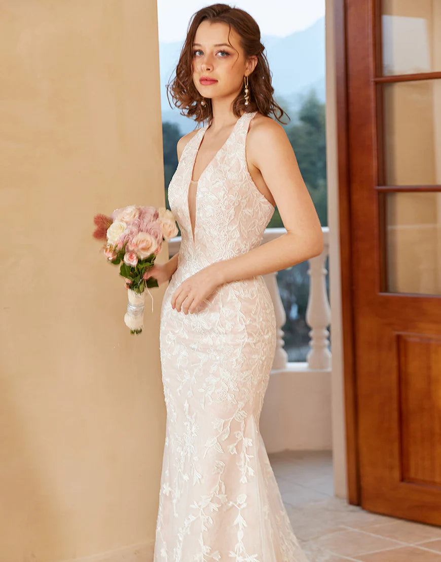 Mermaid Deep V Neck White Lace Wedding Dress with Appliques