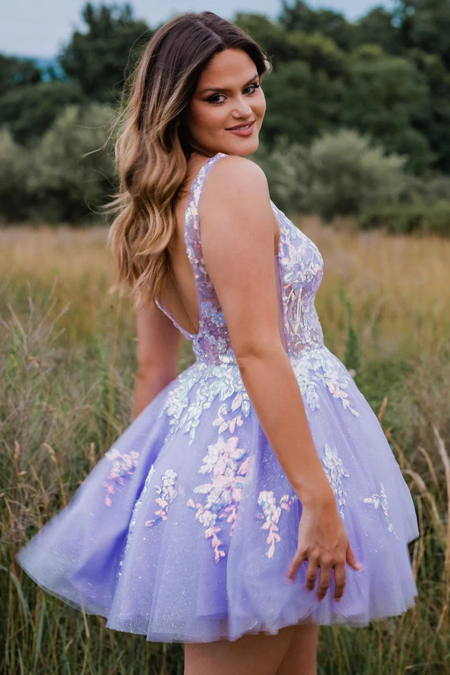 Sequin Lace Plunge V Backless A-Line Short Gown