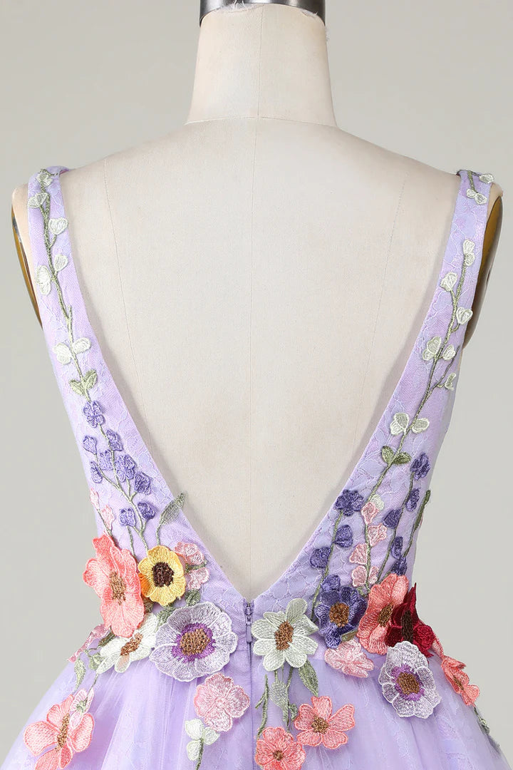 3D Floral V-Neck Backless Homecoming Dress