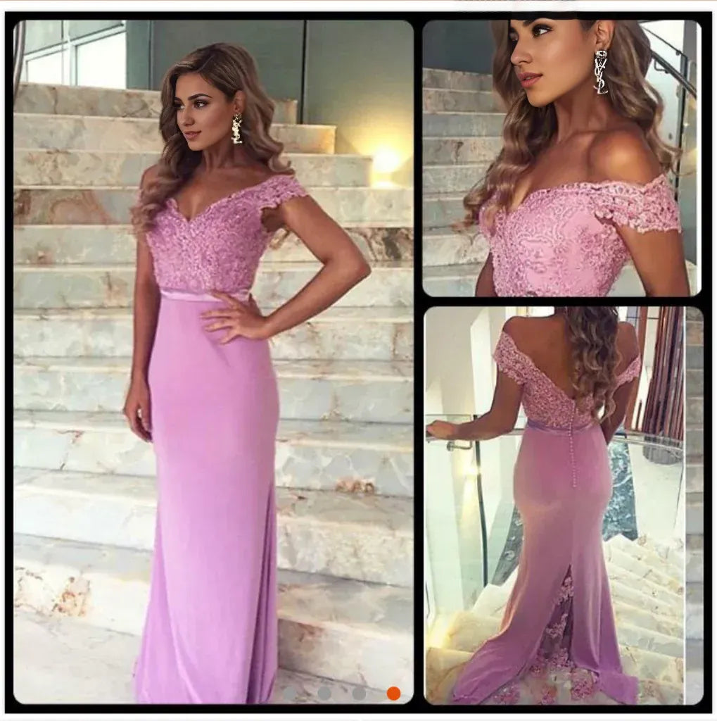 Sheath Mermaid Off The Shoulder Purple Lace Prom Dresses Formal Dresses Bridesmaid Dresses With Slit