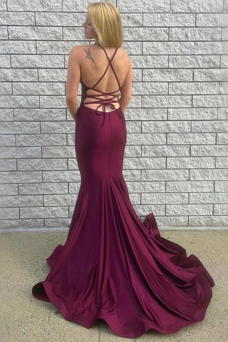 V-Neck Lace-Up Back Trumpet Long Prom Gown