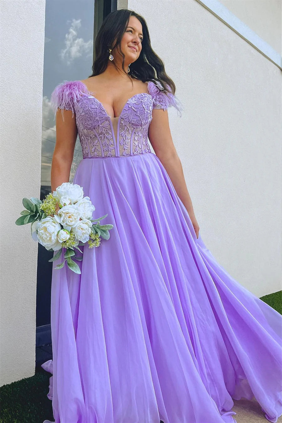 Plunging Off-the-Shoulder Feathers Appliques Long Prom Dress